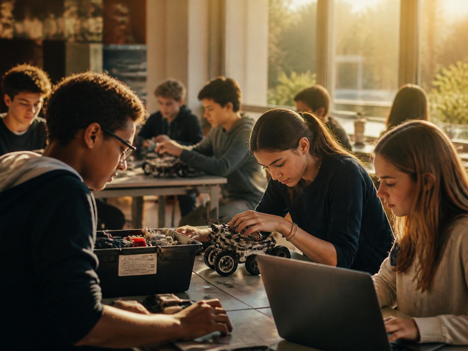 Teenagers working on robotics and coding in a bright, welcoming learning space