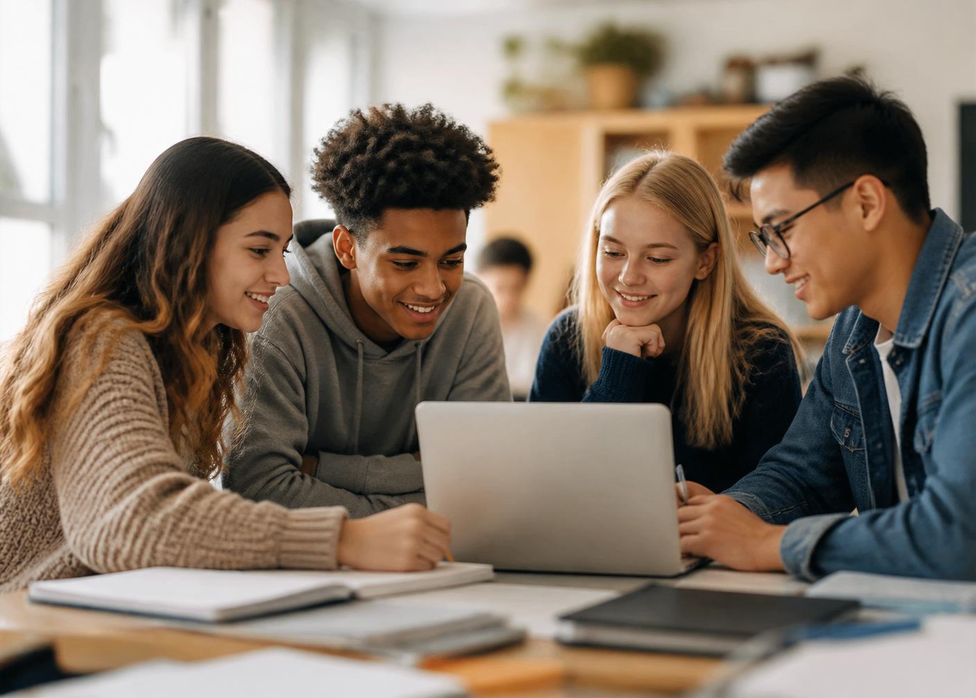 A small group of teenage learners collaborating around a laptop in a bright learning space.