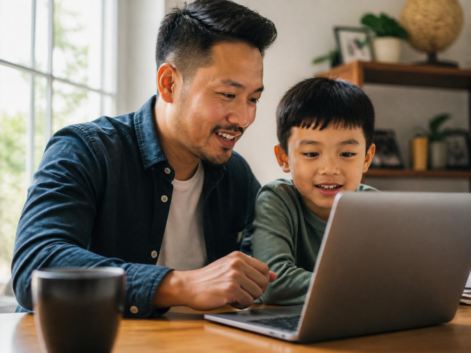 A parent and child exploring a learning program together on a laptop at home.