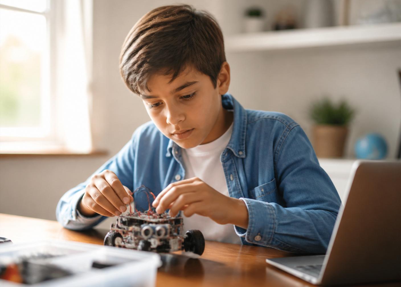 A young learner focused on building a small robotics project at a bright home desk.