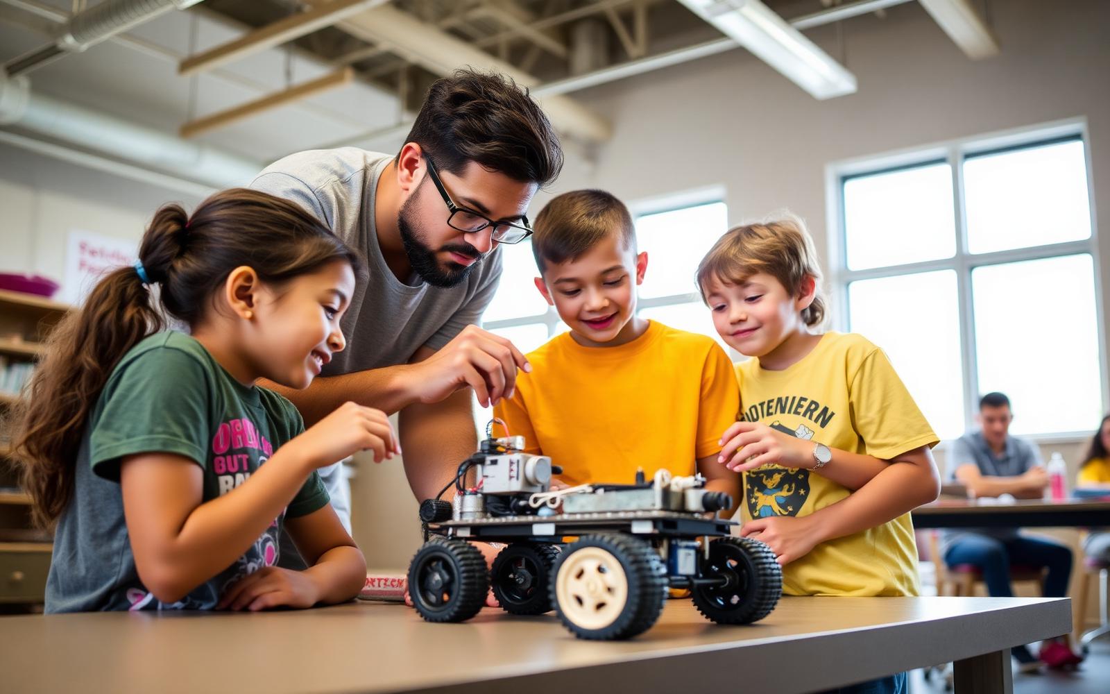 A robotics instructor guiding a small group of young learners building a robot together.