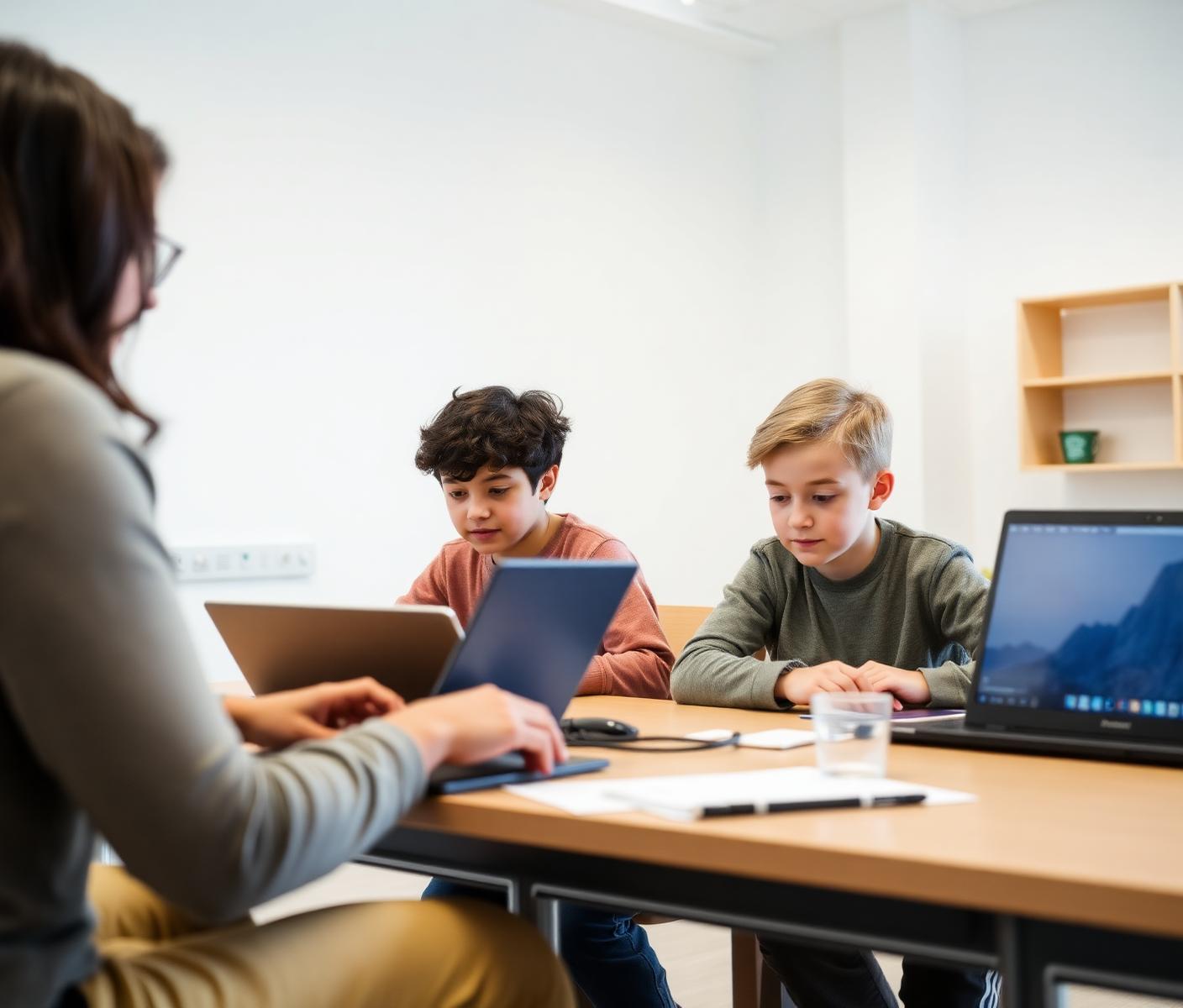 An instructor guiding two young learners working on laptops in a bright classroom.